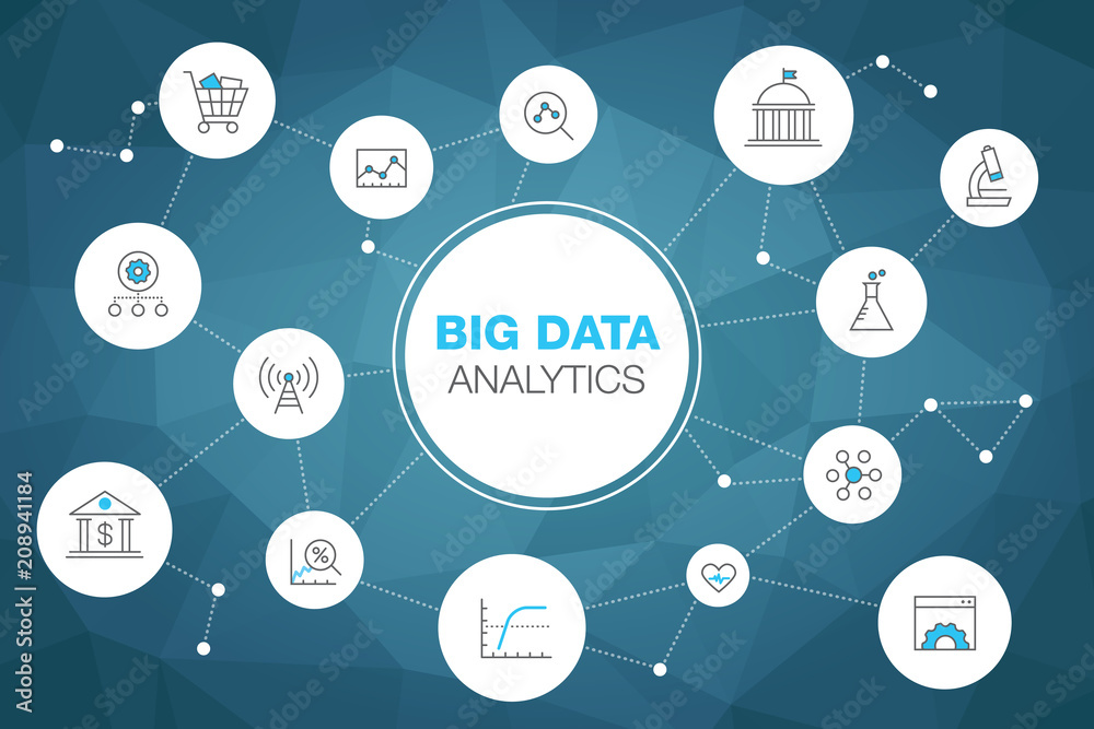 Aufkleber Simple infographic for big data analytics concept with stroke icons and blue accent isolated on dark teal polygonal background. Easy to use for your website or presentation.