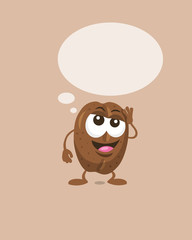 Illustration of cute happy coffe bean mascot dreams about something with thought bubble and big smile isolated on light background. Flat design style for your mascot branding.