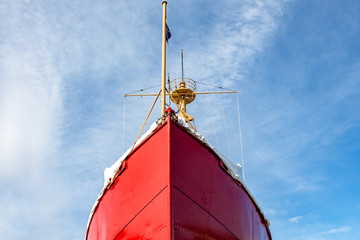 Shot of a big, red boat sitting in Southlake Union Seattle.