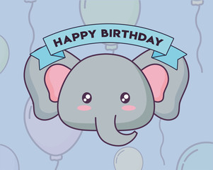 cute elephant birthday card kawaii character vector illustration design