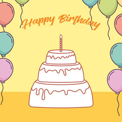 birthday card with cake and balloons vector illustration design