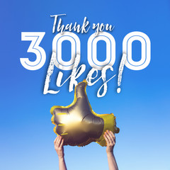 Thank you 3000 likes gold thumbs up like balloons social media template banner