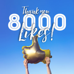 Thank you 8000 likes gold thumbs up like balloons social media template banner