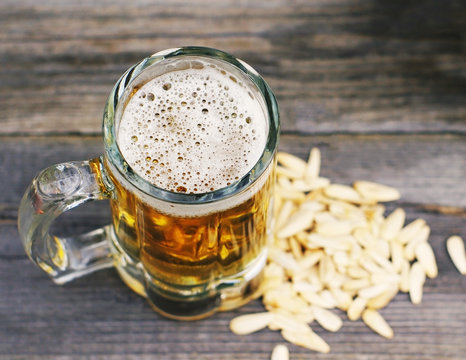 Fresh beer in a glass and sunflower seeds on a wooden surface. Beer and snack