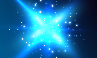 Burning fire on a transparent background. Neon blue and yellow star, glittering shine and bokeh lights. Glowing light particles with a flash effect.