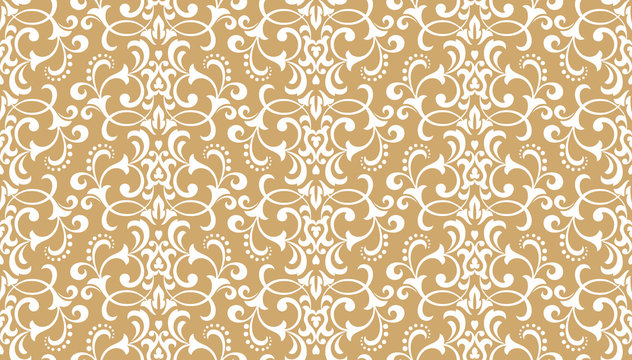 Wallpaper in the style of Baroque. A seamless vector background. White and gold floral ornament. Graphic pattern for fabric, wallpaper, packaging. Ornate Damask flower ornament
