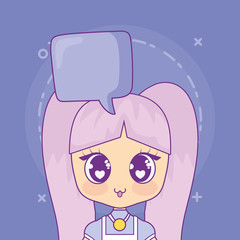 Kawaii anime girl with speech bubble over purple background, colorful design. vector illustration