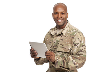 African American Soldier with Computer in Studio Smiling