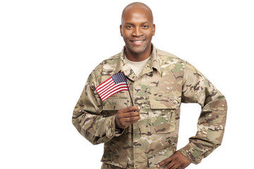 African American Soldier Smiling With An American Flag