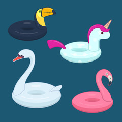 Inflatable swim rings in the form of a unicorn, pink flamingo, s