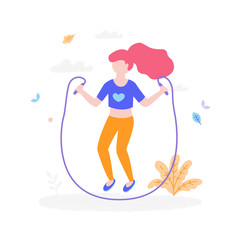 Cute girl with jumping rope outdoors in the park isolated on white background. Children activity concept, summer flat illustration with bush, grass and leaves around