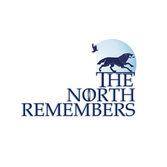 Silhouettes of a wolf and a crow on the background of the moon and an inscription. THE NORTH  REMEMBERS.  Silhouette of a ferocious beast. Symbol of strength. Contrast image on white background.