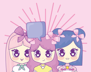 Kawaii anime girls with speech bubble over pink background, colorful design. vector illustration
