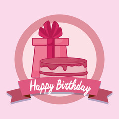 emblem of happy birthday concept with birthday cake and gift box over pink background, colorful design. vector illustration