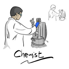 Female chemist working with equipment in laboratory vector illustration sketch doodle hand drawn with black lines isolated on white background