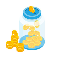 Saving coins in jar concept vector illustration in isometric design style. Glass bank isometric vector illustration. Money in jar isolated on white background.