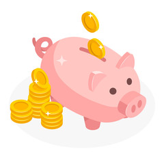 Isometric piggy bank with coins money cash isolated on white background. Icon piggy bank in isometric style, concept of saving money. Pig money box icon.
