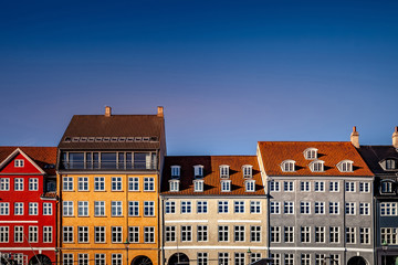 beautiful historical houses against blue sky at sunny day, copenhagen, denmark - obrazy, fototapety, plakaty