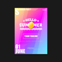 Vector Hello Summer Beach Party vertical A4 poster Design template or mock up with fresh lemon on pink and purple modern style gradient background. Hello summer concept label or flyer