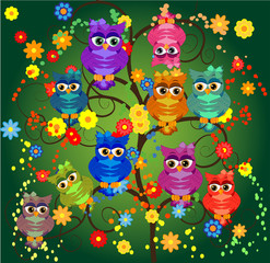 Funny owls on branch in flowers. Spring concept background. Bright illustration, can be used as invitation card. Vector summer wallpaper