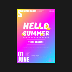 Vector Hello Summer Beach Party vertical A4 poster Design template or mock up with fresh lemon on pink and purple modern style gradient background. Hello summer concept label or flyer