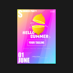 Vector Hello Summer Beach Party vertical A4 poster Design template or mock up with fresh lemon on pink and purple modern style gradient background. Hello summer concept label or flyer