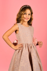 Fototapeta premium Little girl in pink dress is posing in a beautiful studio