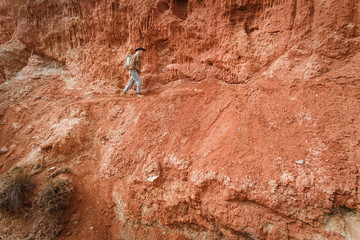 Beautiful young girl in hare, hat and with backpack going among sands in wild