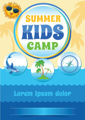 Summer Camp Template, Sea Holiday Flyer, travel vector banner, summer vacation design
