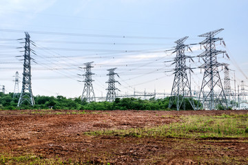 High pressure wire tower at sunset at dusk