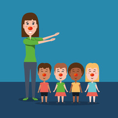 Cartoon woman and kids with red noses over purple background, colorful design. vector illustration