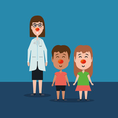 Fototapeta premium Cartoon woman doctor with happy kids with red noses over blue background, colorful design. vector illustration