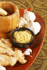 Ginger Garlic Paste with Mortar and Pestle