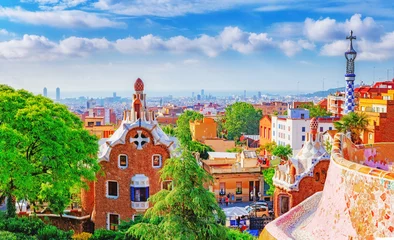  Spain, Barcelona. Fantastic view on Barcelona city over Park Guell, famous and popular landmark and travel destination in Europe. © Feel good studio