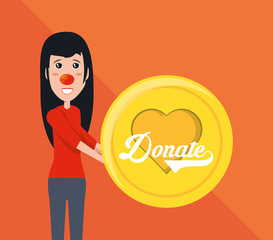 cartoon woman with donate coin icon over orange background, vector illustration