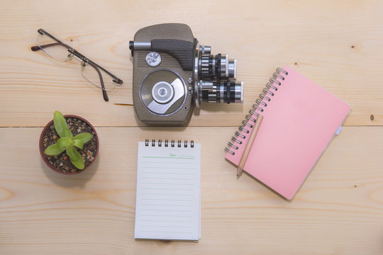 The notebook is placed on a wooden table. There  goggles and small trees. Placed close together