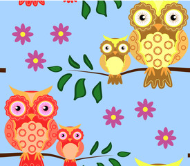 seamless pattern on the theme of family and nature. A family of owls sitting on a tree branch among flowers and butterflies.