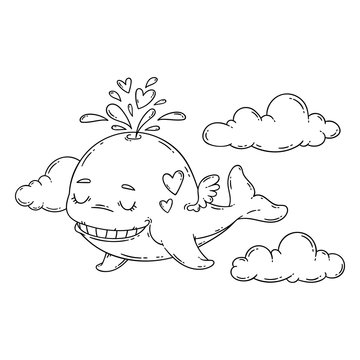 A whale with wings in the sky with hearts.