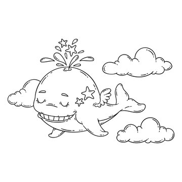 A whale with wings in the sky with stars. Vector illustration isolated on white background. Print for nursery. Coloring page for kids.