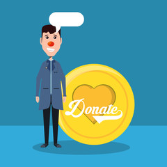 Cartoon man with red nose and golden coin over blue background, colorful design. vector illustration