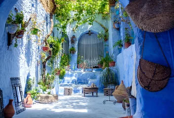 Fotobehang Street landscape of the of old historical medieval city Сhefchaouen in Morocco. Blue town village narrow streets of medina © ruzvold