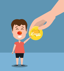 cartoon boy with donate coin over blue background, colorful design. vector illustration