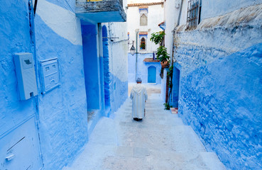 Street landscape of the of old historical medieval city Сhefchaouen in Morocco. Blue town village...