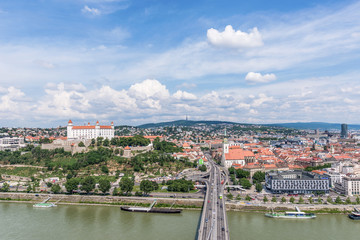 Fototapeta na wymiar Bratislava, Slovakia - May 24, 2018: The Bratislava panorama photographed from the air.