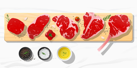 Raw beef steaks, tenderloin, strip loin, rib eye, t-bone and tomahawk with seasoning on wooden cutting board on marble stone background, vector, illustration
