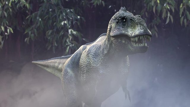 animate a running dinosaur Tyrannosaurus Rex 3d render in the jungle