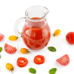 Fresh tomato juice isolated on white background. Flat lay,top view.