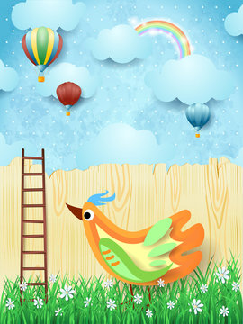 Surreal background with balloons, stairs and colorful bird