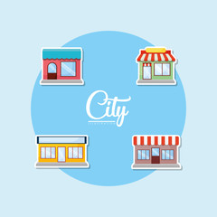 icon set of city stores over blue background, colorful design. vector illustration