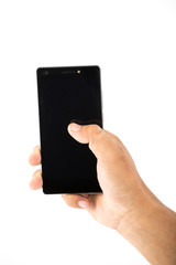 Hand holding mobile smart phone with blank screen. Isolated on white.